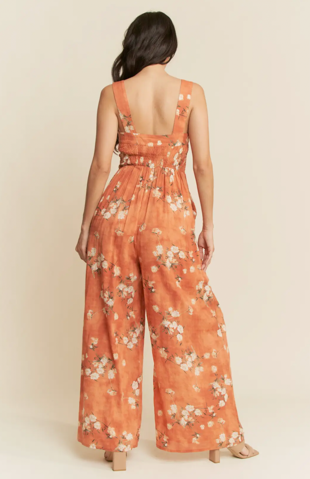 Floral Ruffle Square Neck Smocking Jumpsuit- Curvy