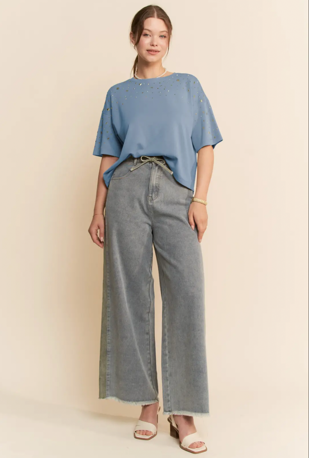 Studded Short Sleeve Loose Fit Top