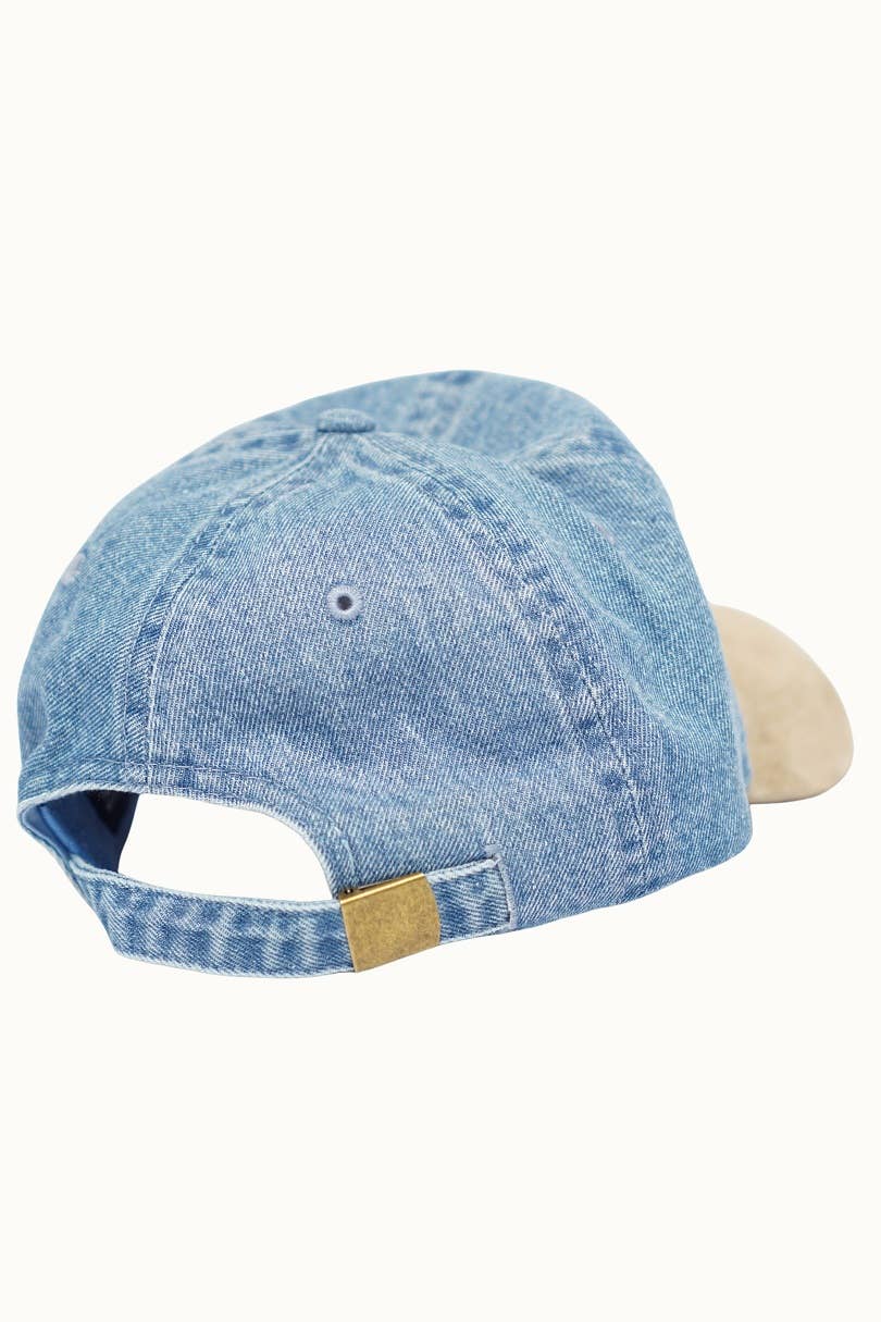 Bejewelled Denim Baseball Cap with Suede Bill, Adjustable
