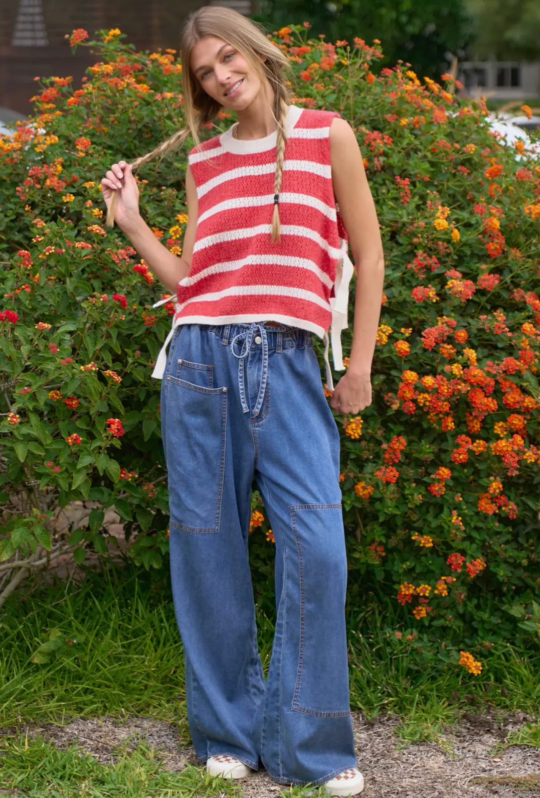 Crochet Striped Sleeveless Knit Top