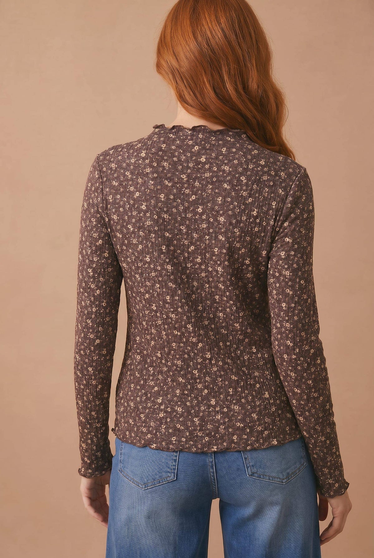 Floral Rib Frilled Top Curvy
