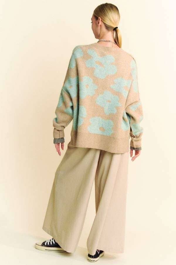 PLUS FLORAL LONG SLEEVE LOOSE FIT PULLOVER SWEATER