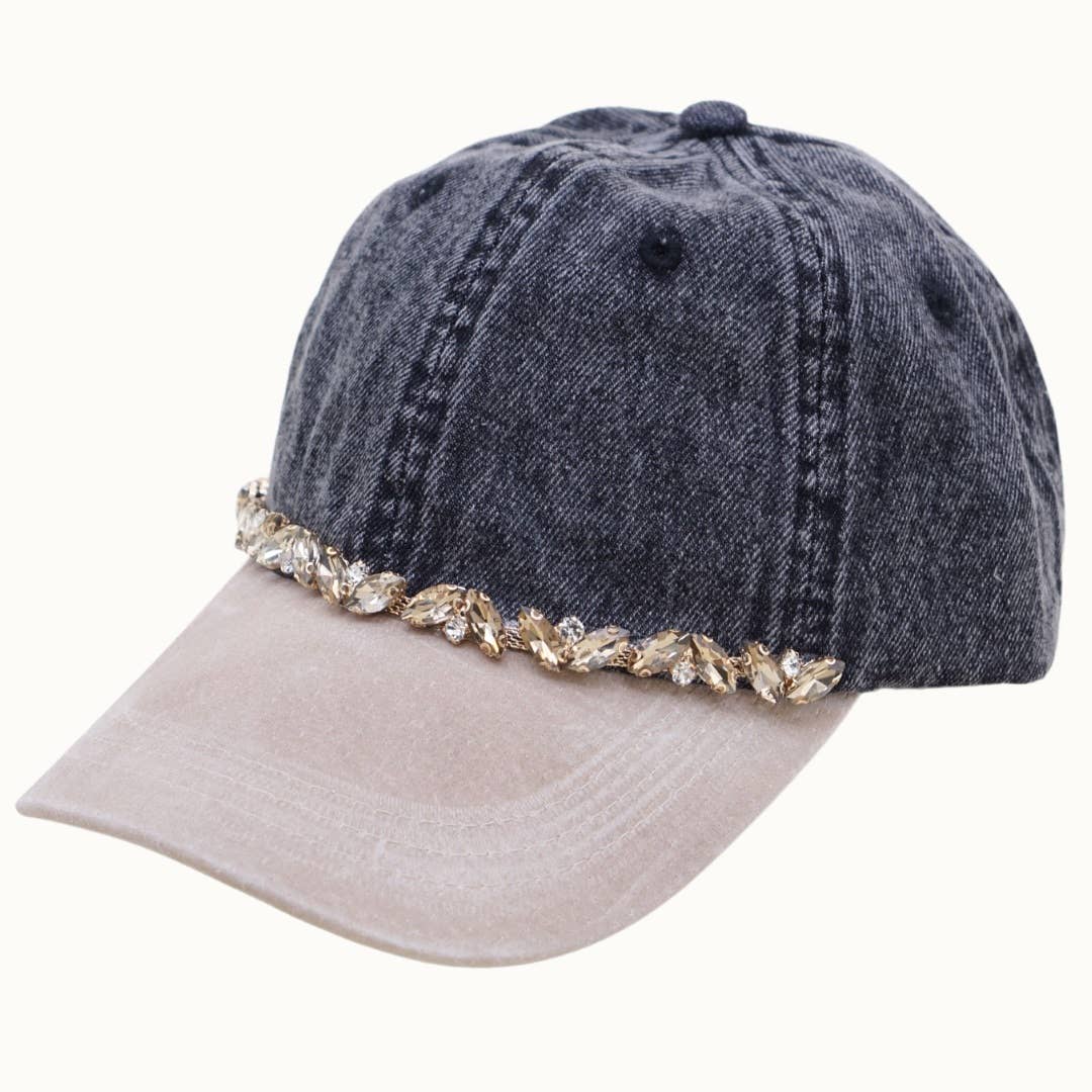 Washed Denim Cap + Suede Leather Brim Bejeweled Glitz 2Tone