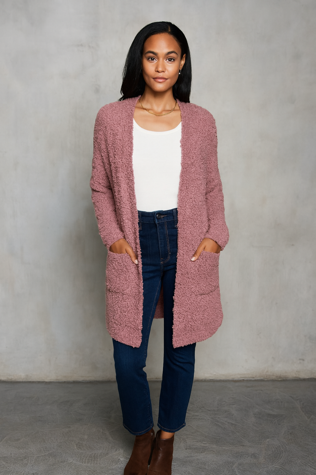 Longline Popcorn Open Front Cardigan