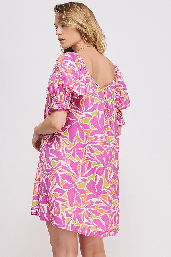Puff Sleeve Tropical V-Neck Dress Curvy