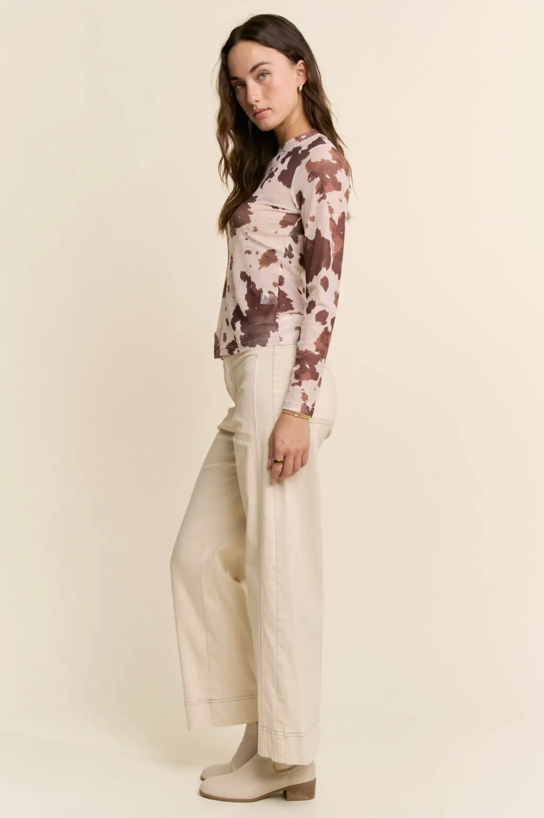 Cow Print Long Sleeve Mesh Top- Curvy