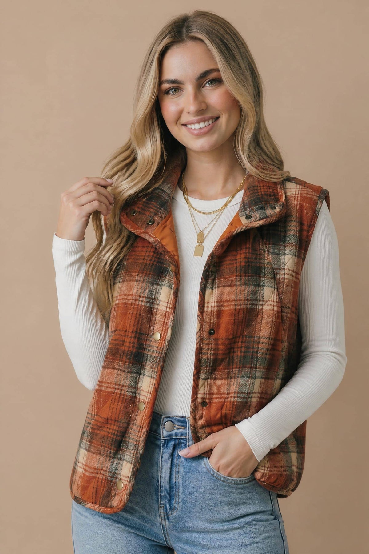 Plaid Quilted Snap Button Puffer Vest Curvy