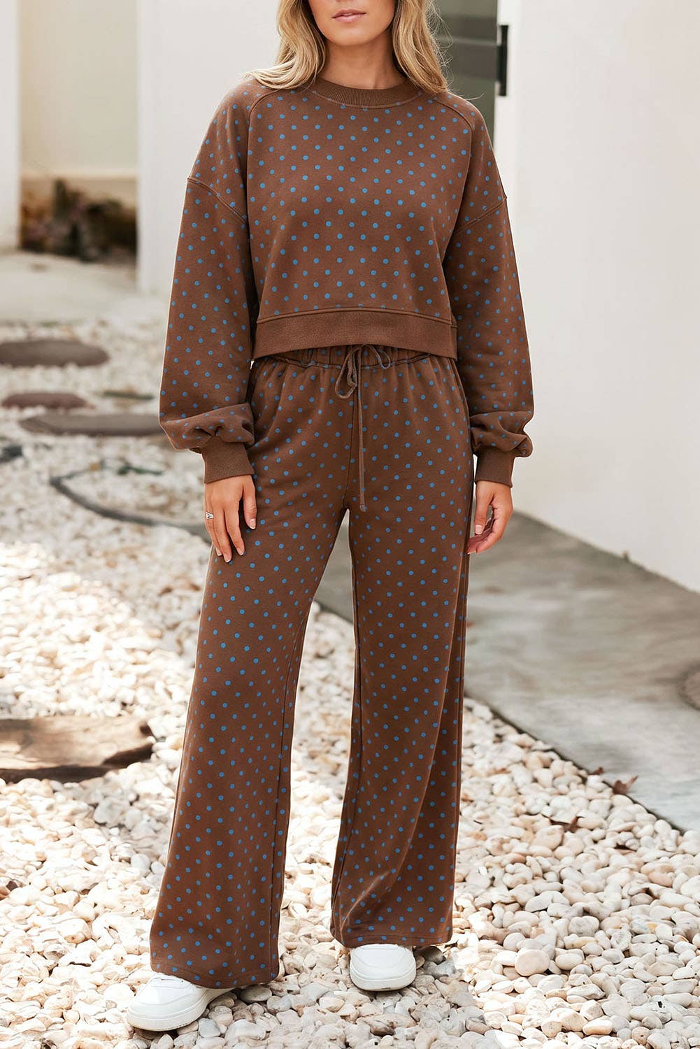 Polka Dot Drawstring Wide Leg Pants Set Curvy