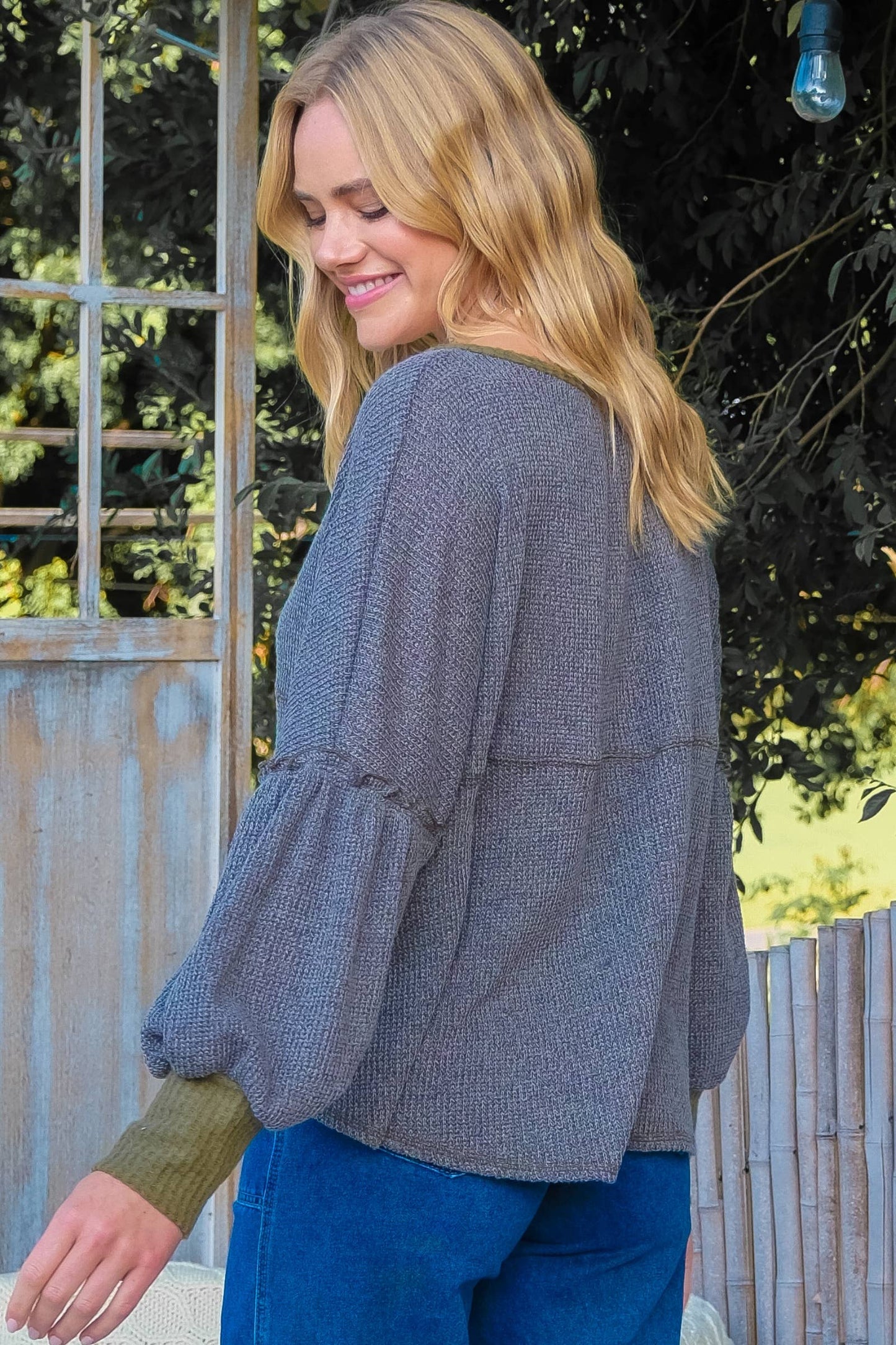 Roomy fit long sleeve top with placket-LT6491