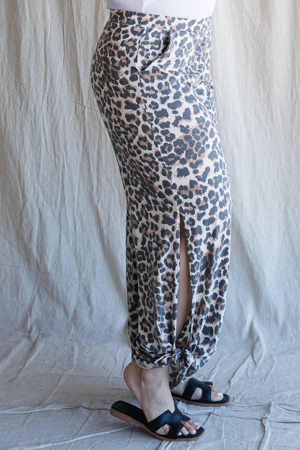 Leopard Print Side Slit Ankle Tie Pants Curvy