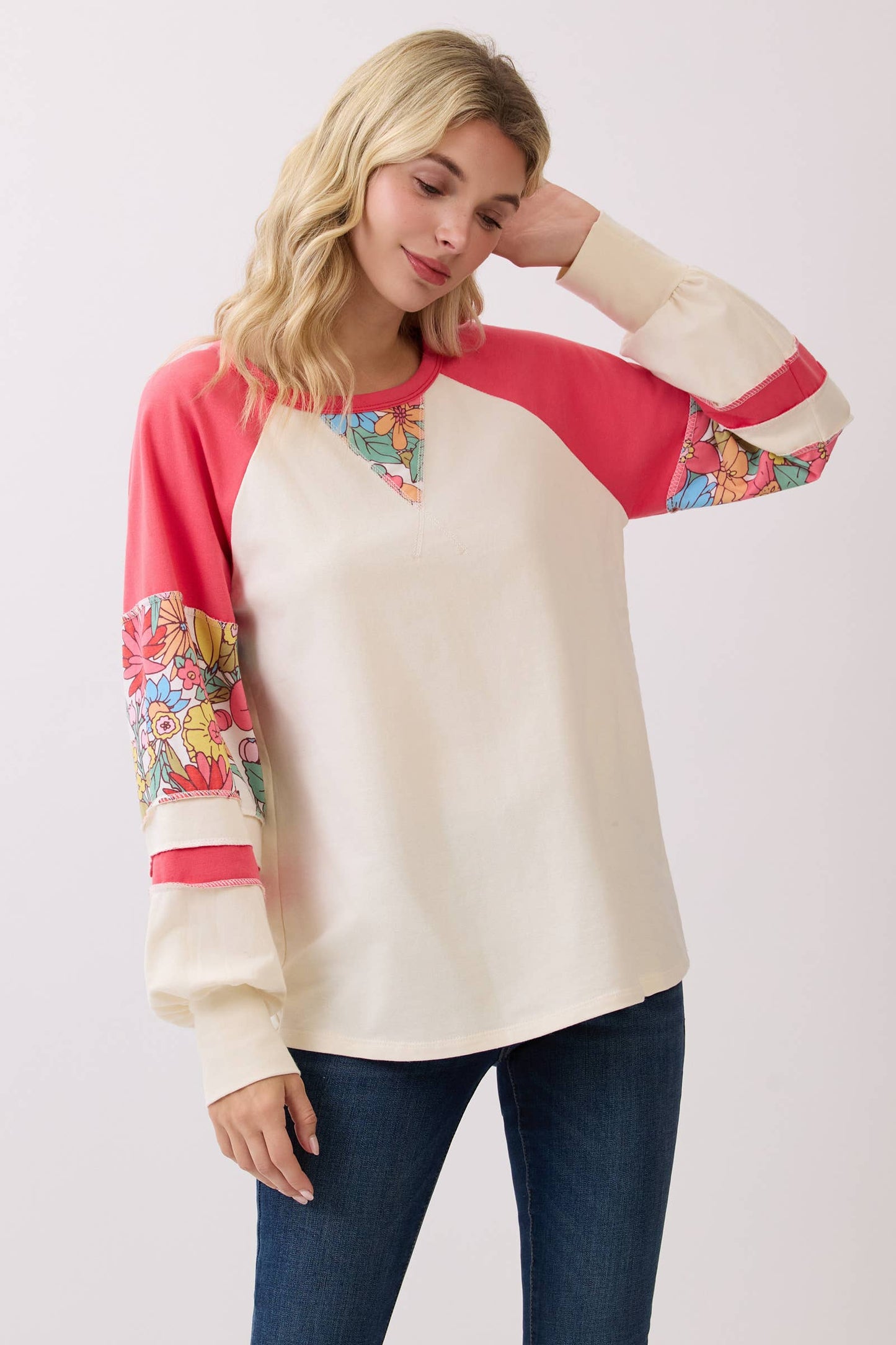 Floral Contrast Color Block Pullover Top
