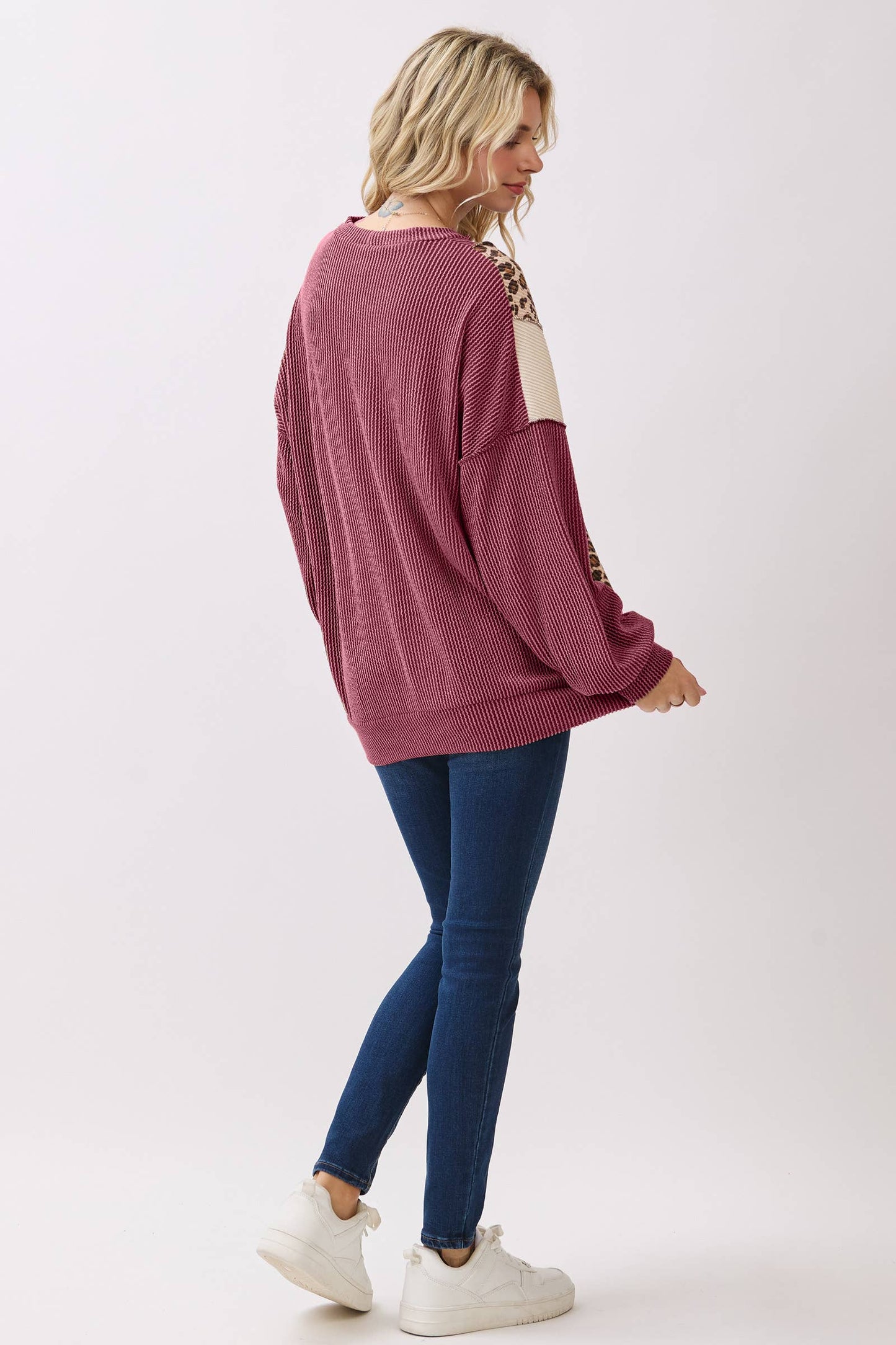 Color Block Rib Knit Oversized Pullover Top T6109