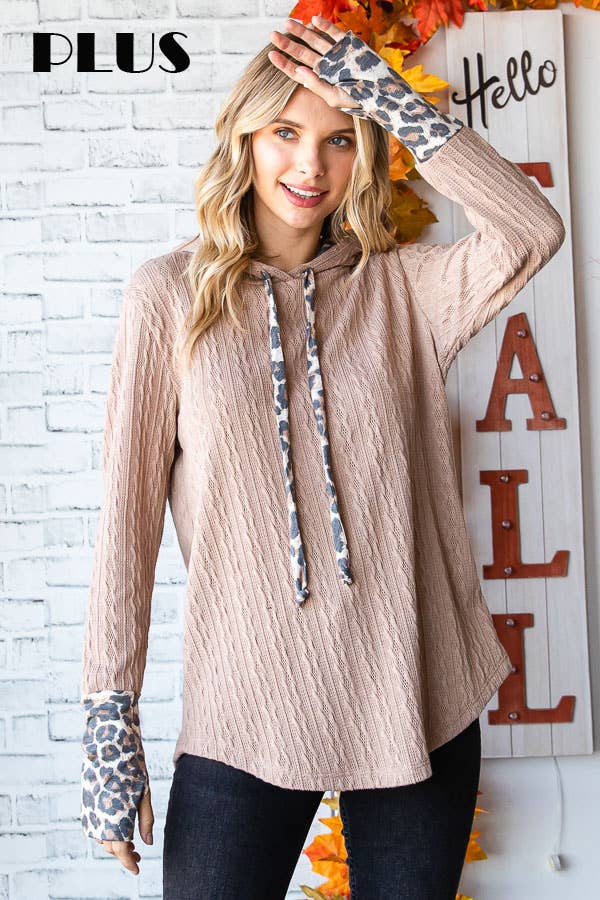 Plus Size Cable Knit Leopard Accent Thumbhole HoodieT4892XL