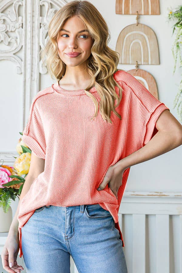 Solid Rib Drop Shoulder Side Slit Short Sleeve Top