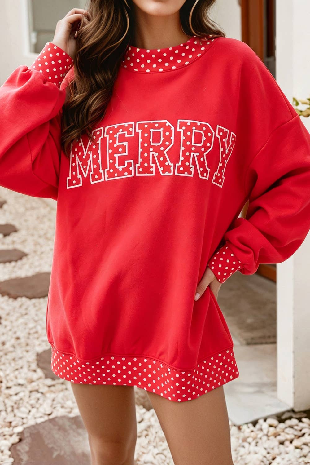 Polka Dot Contrast Holiday Mock Neck Sweatshirt Curvy