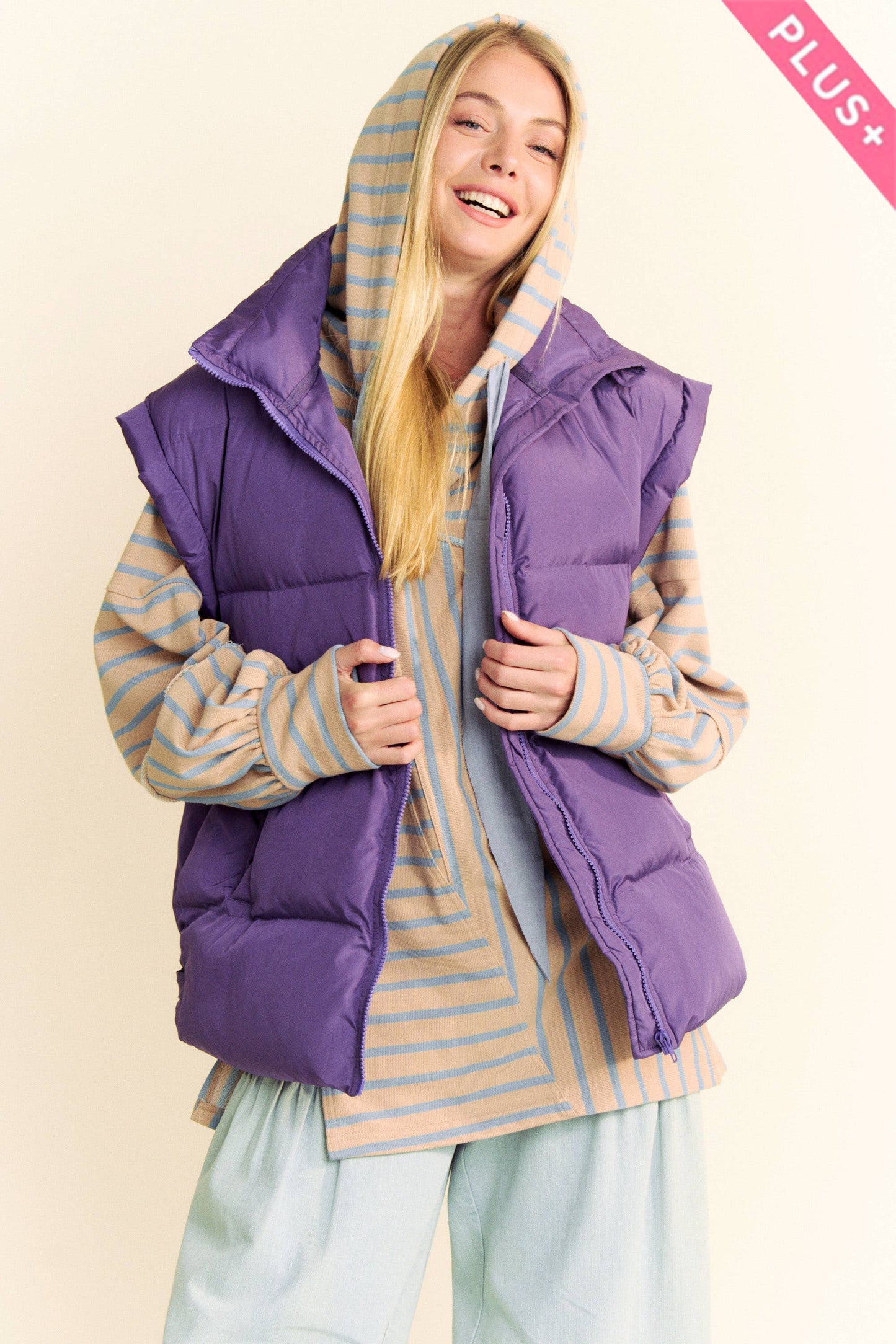 PLUS SOLID SLEEVELESS ZIPPER PUFFER JACKET VEST