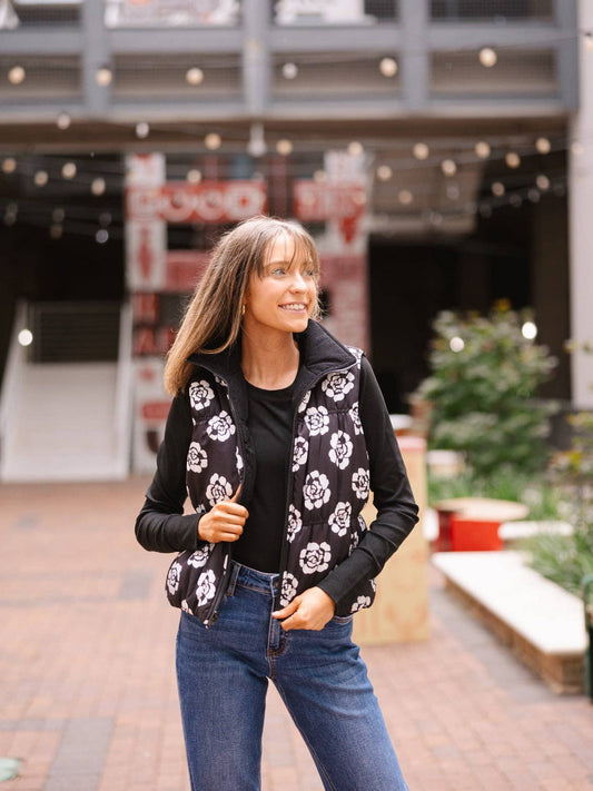 The Gillian Reversible Black and Floral Puffer Vest