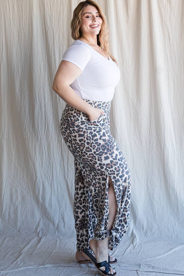 Leopard Print Side Slit Ankle Tie Pants Curvy