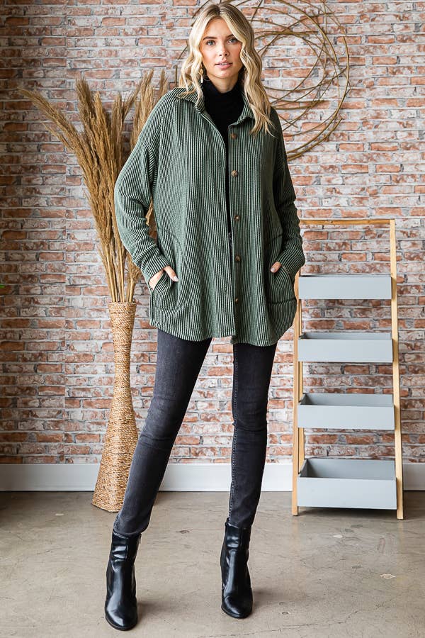 Solid Rib Button Down Side Pockets Long Sleeve Shacket T5256