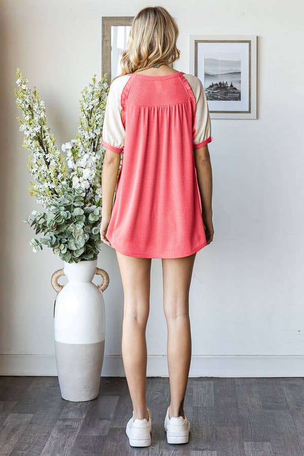 Ruffle Trim Lace Contrast Raglan Short Sleeve Top