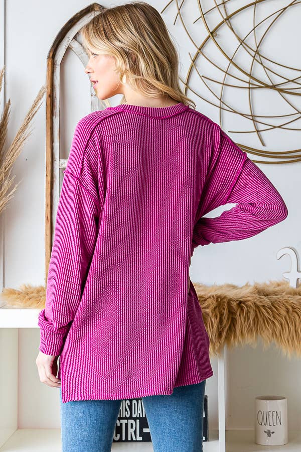 [PLUS SIZE] Rib V-Neck Drop Shoulder Long Sleeve Top T5240XL