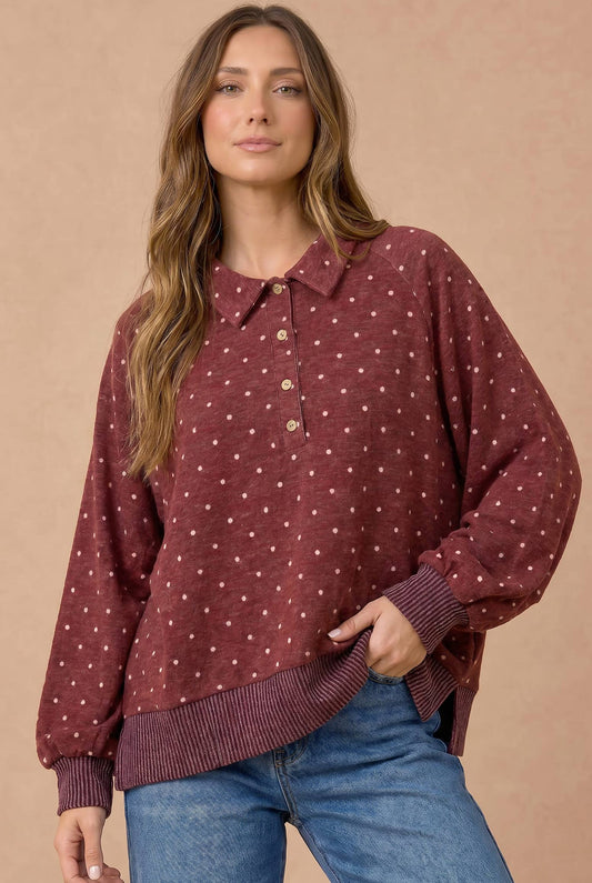 Polka Dot Collared Hacci Pullover Curvy