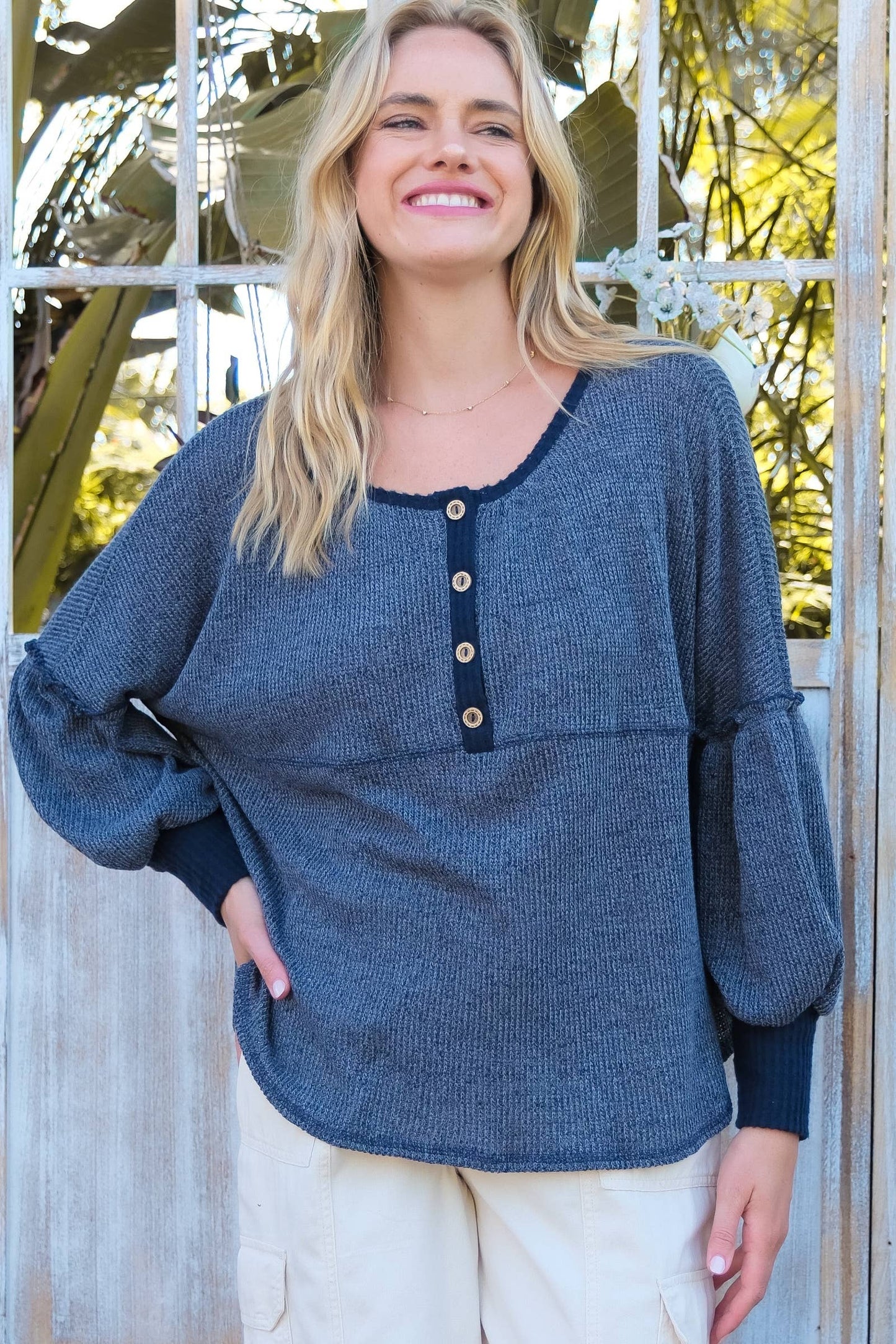 Roomy fit long sleeve top with placket-LT6491