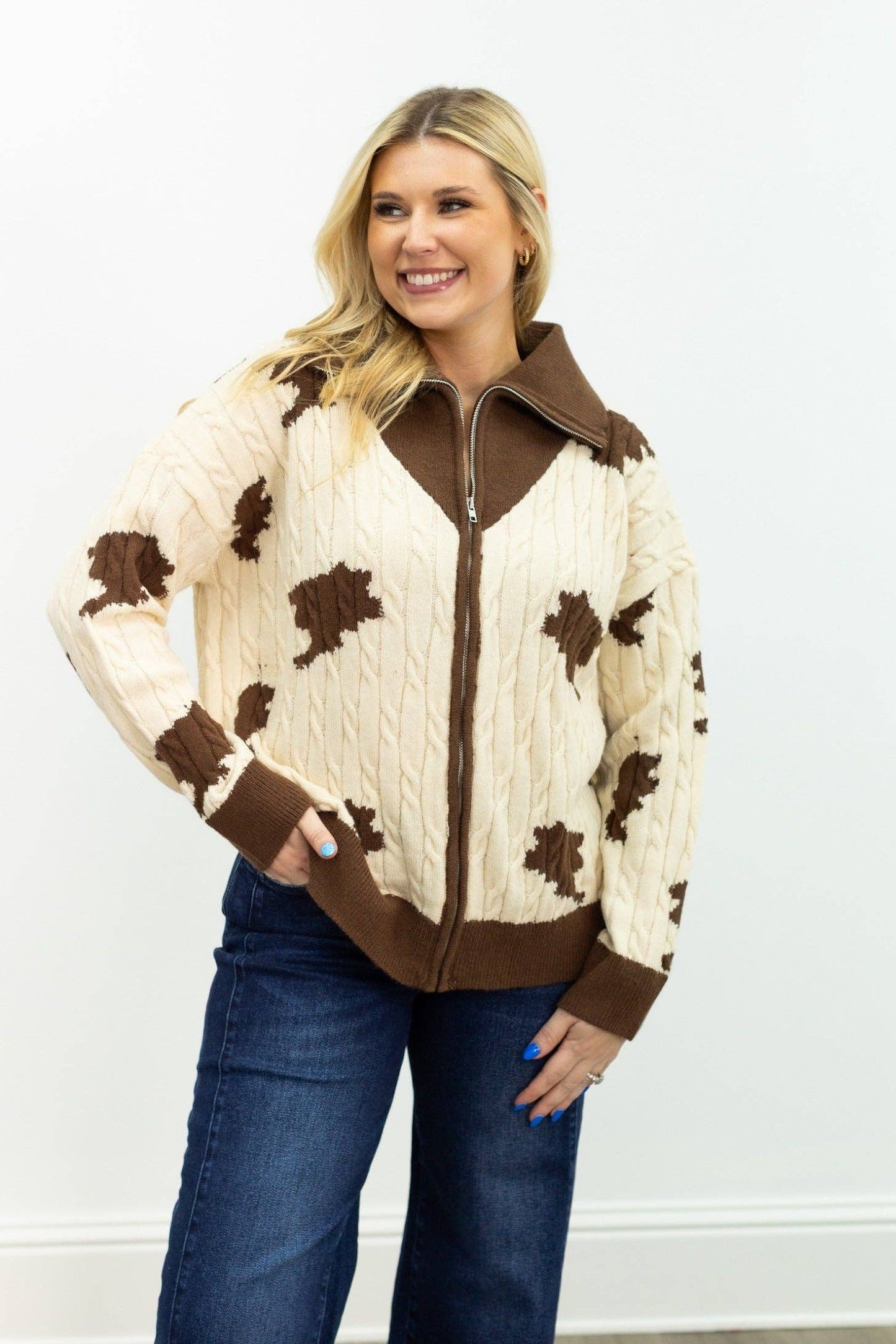 Zip Cow Print Sweater