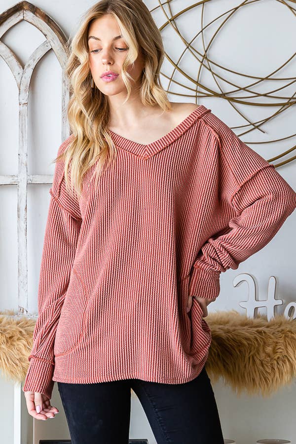 [PLUS SIZE] Rib V-Neck Drop Shoulder Long Sleeve Top T5240XL