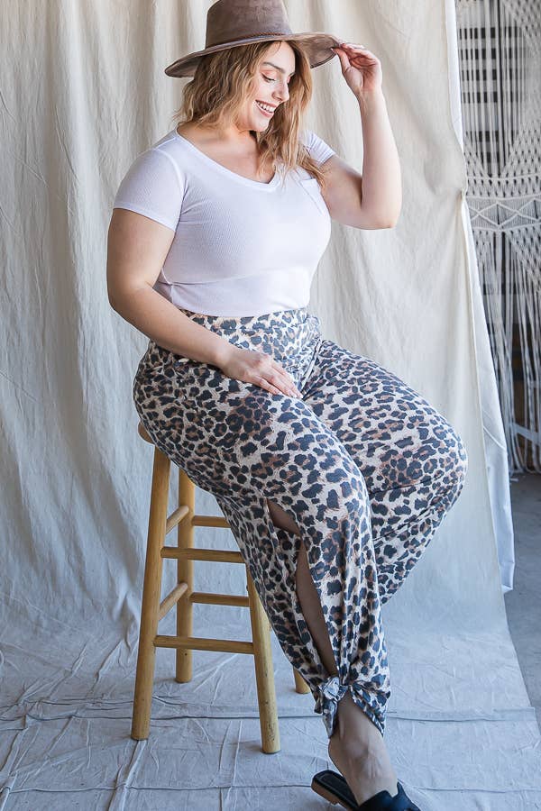 Leopard Print Side Slit Ankle Tie Pants Curvy