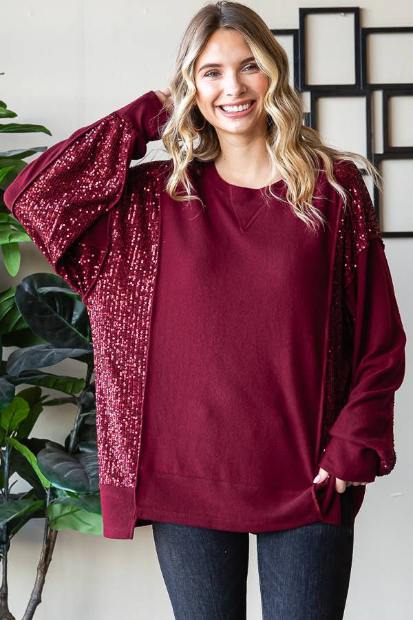 Brushed Drop Shoulder Sequin Contrast Pullover Top T5400