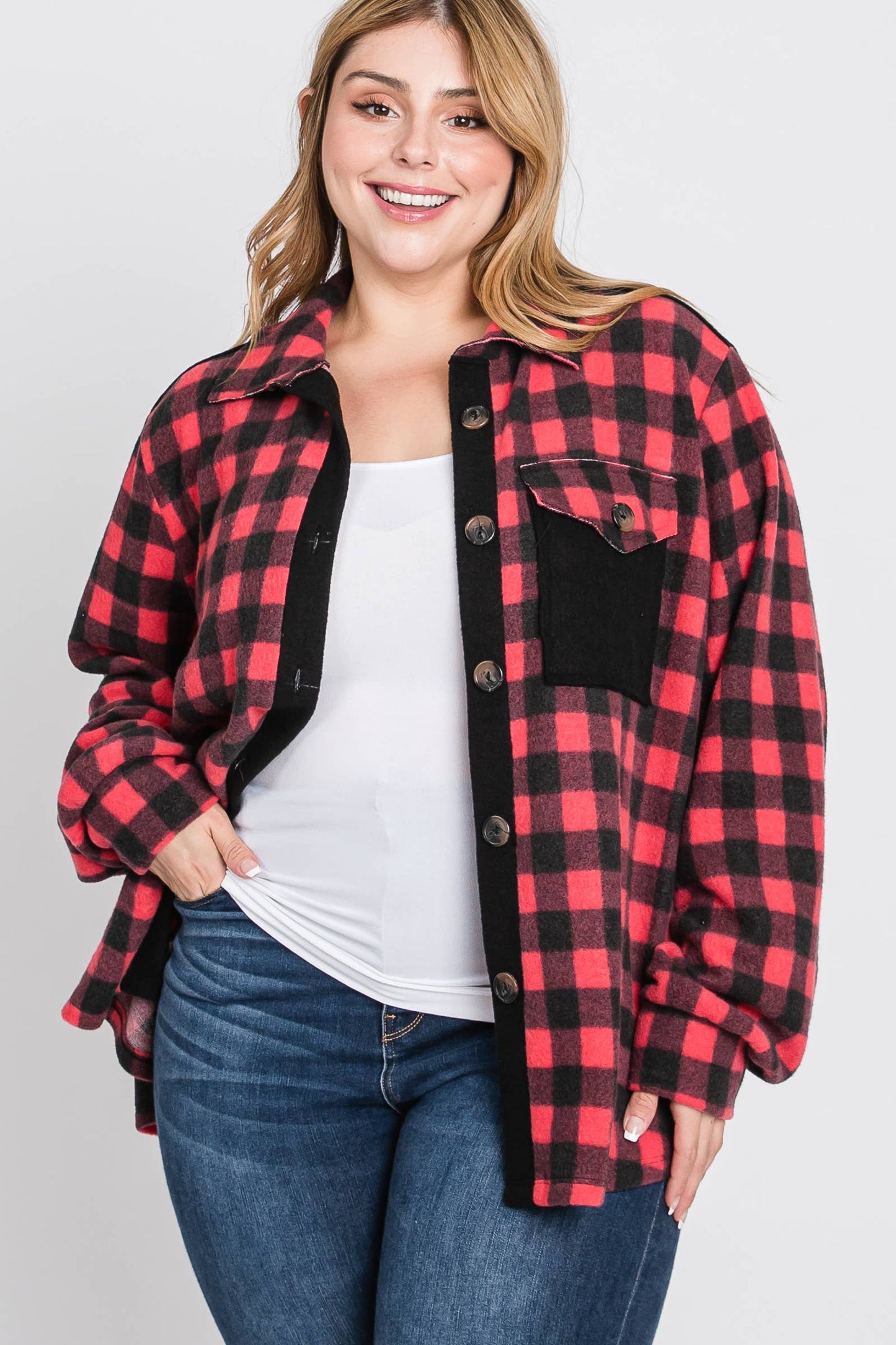 Plus Plaid brushed knit shirt jacket-PLT4604B
