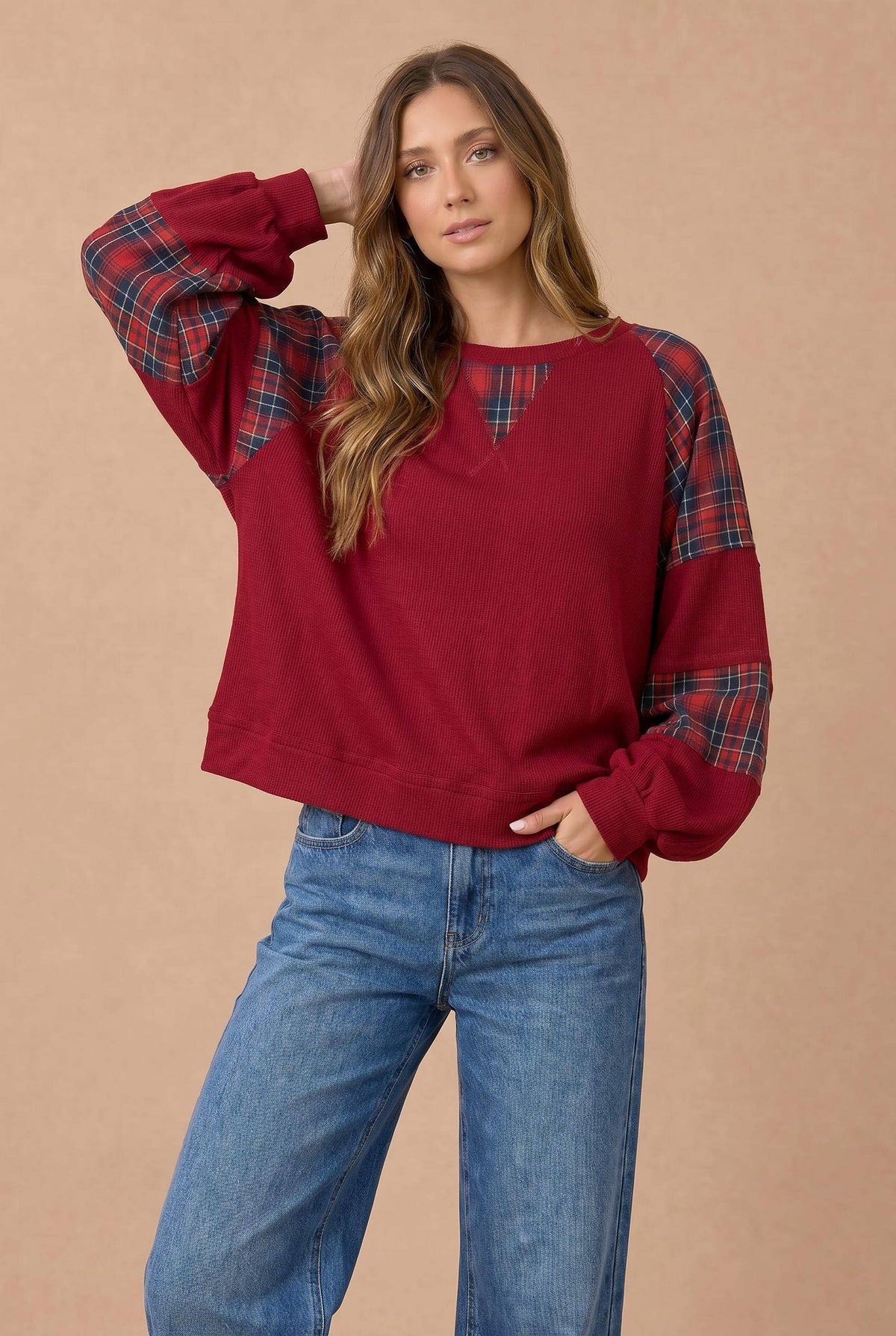 Plaid Contrast Raglan Rib Knit Pullover