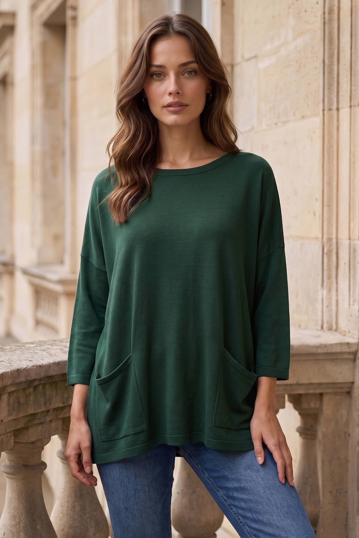 Double Front Pocket 3/4 Sleeve Knit Top