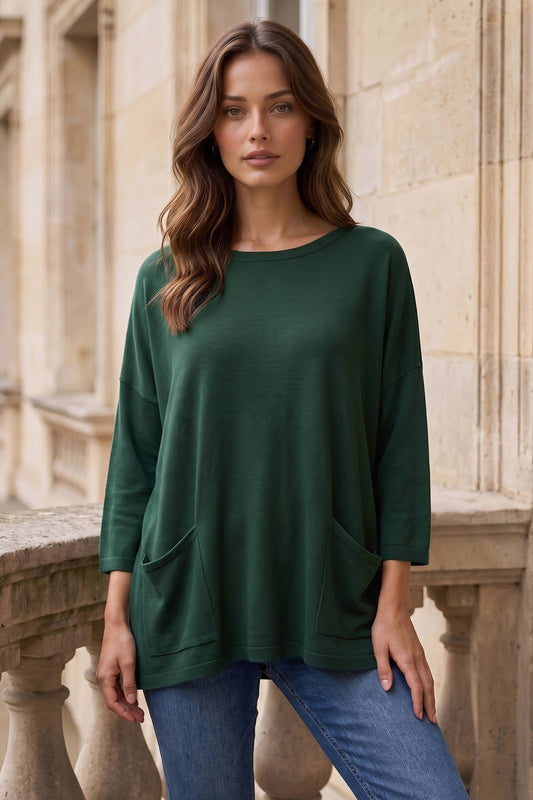 Double Front Pocket 3/4 Sleeve Knit Top