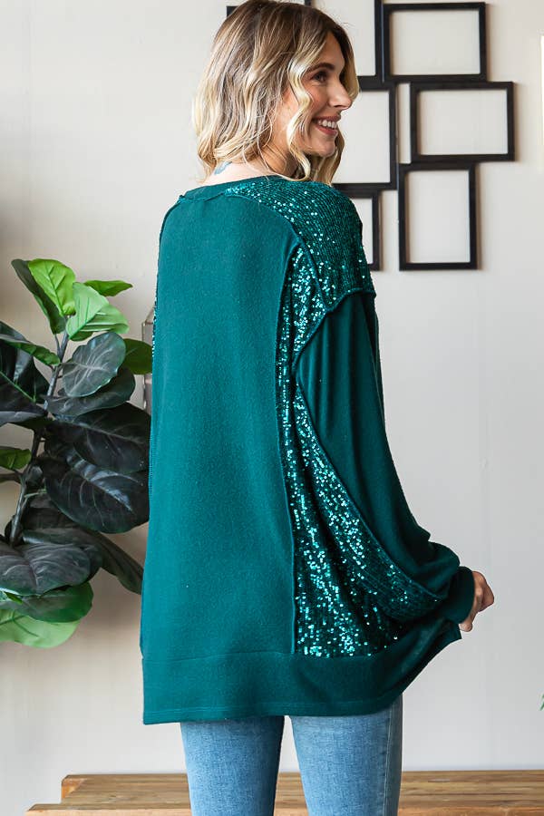 Brushed Drop Shoulder Sequin Contrast Pullover Top T5400