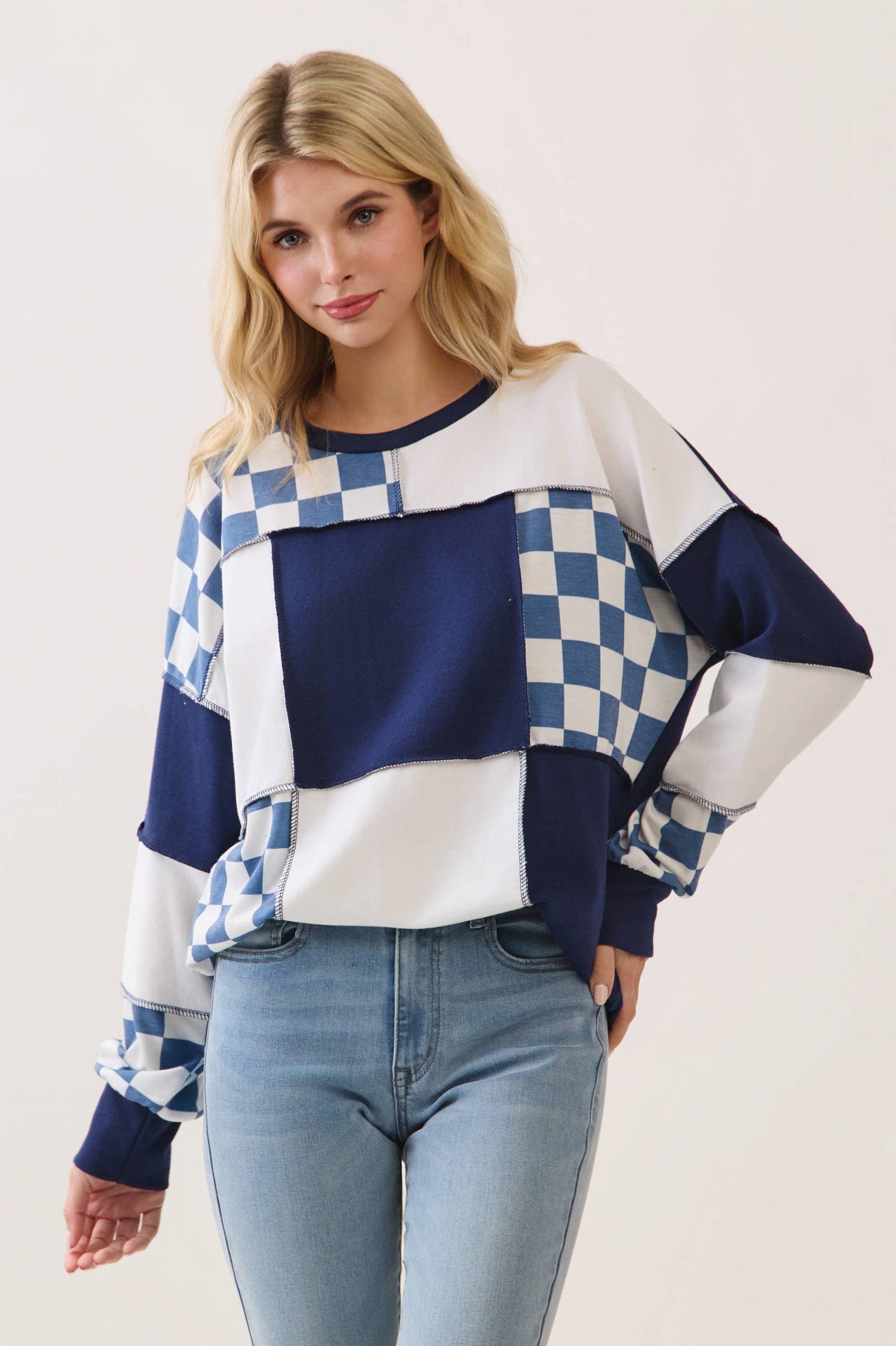 Checkered Print Patchwork Top