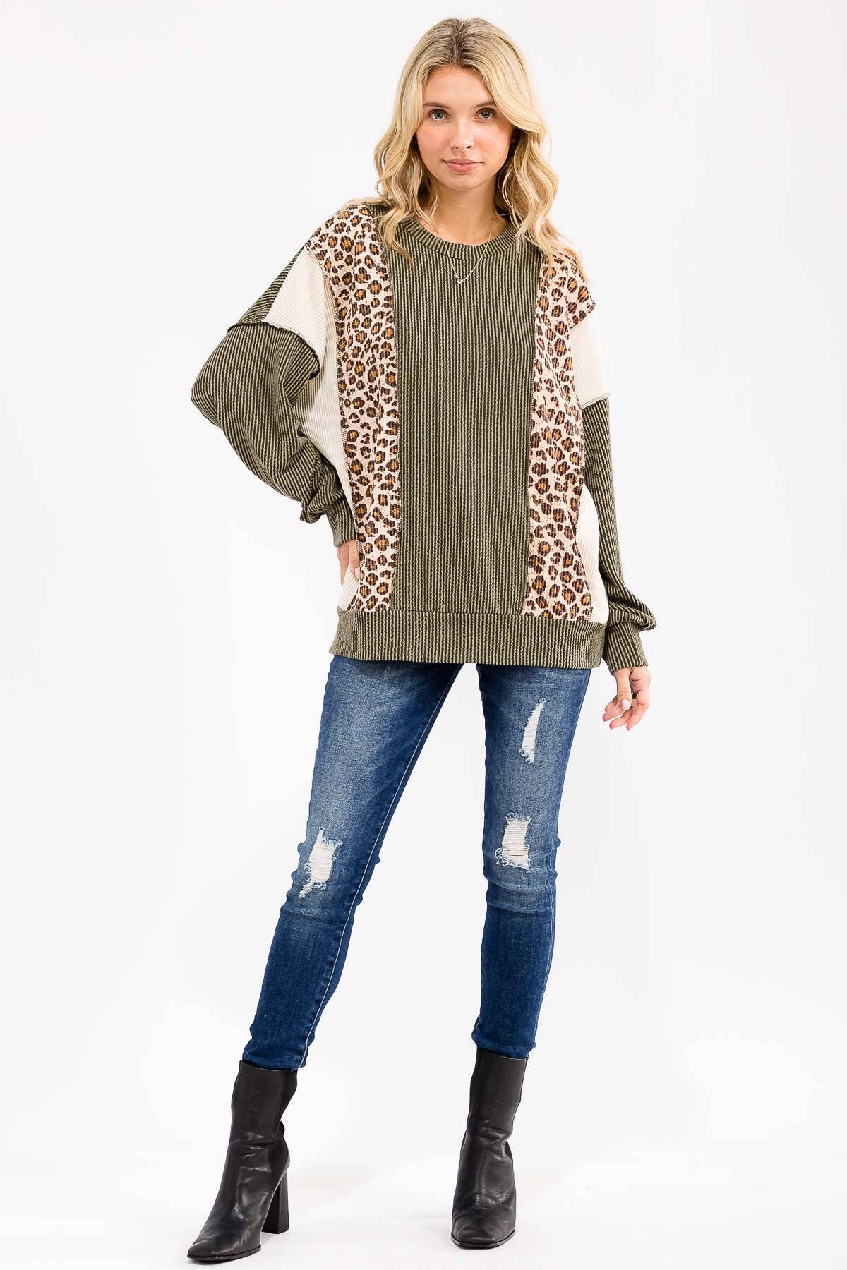 Color Block Rib Knit Oversized Pullover Top T6109