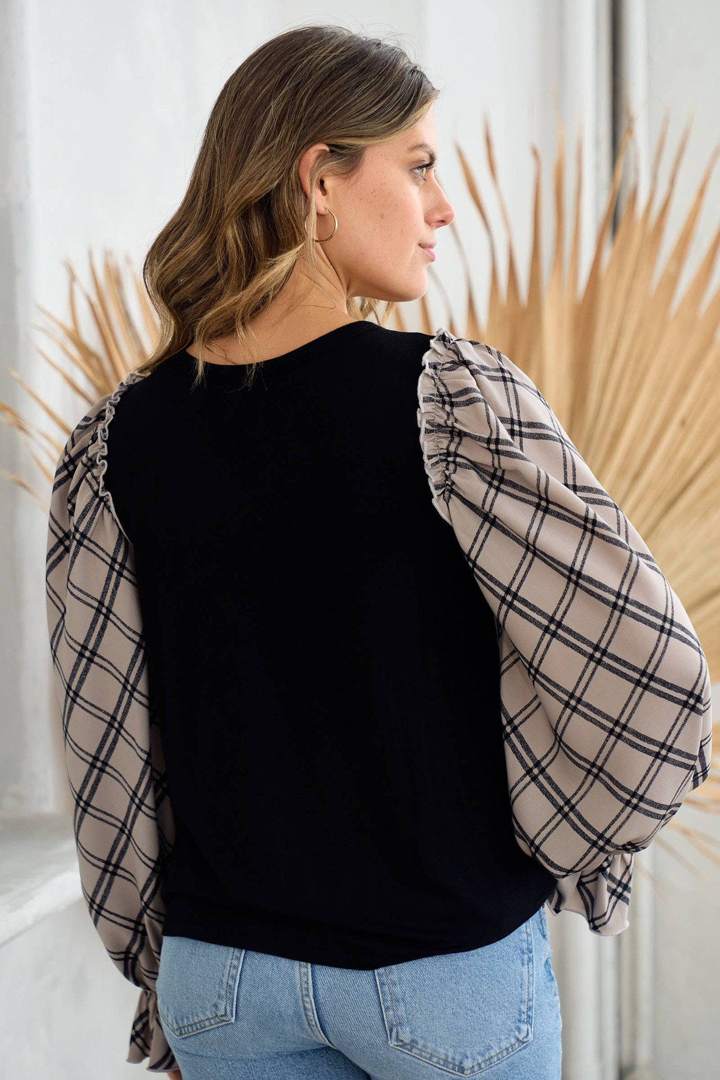 Plus jersey top with woven contrast check print-PLT10510