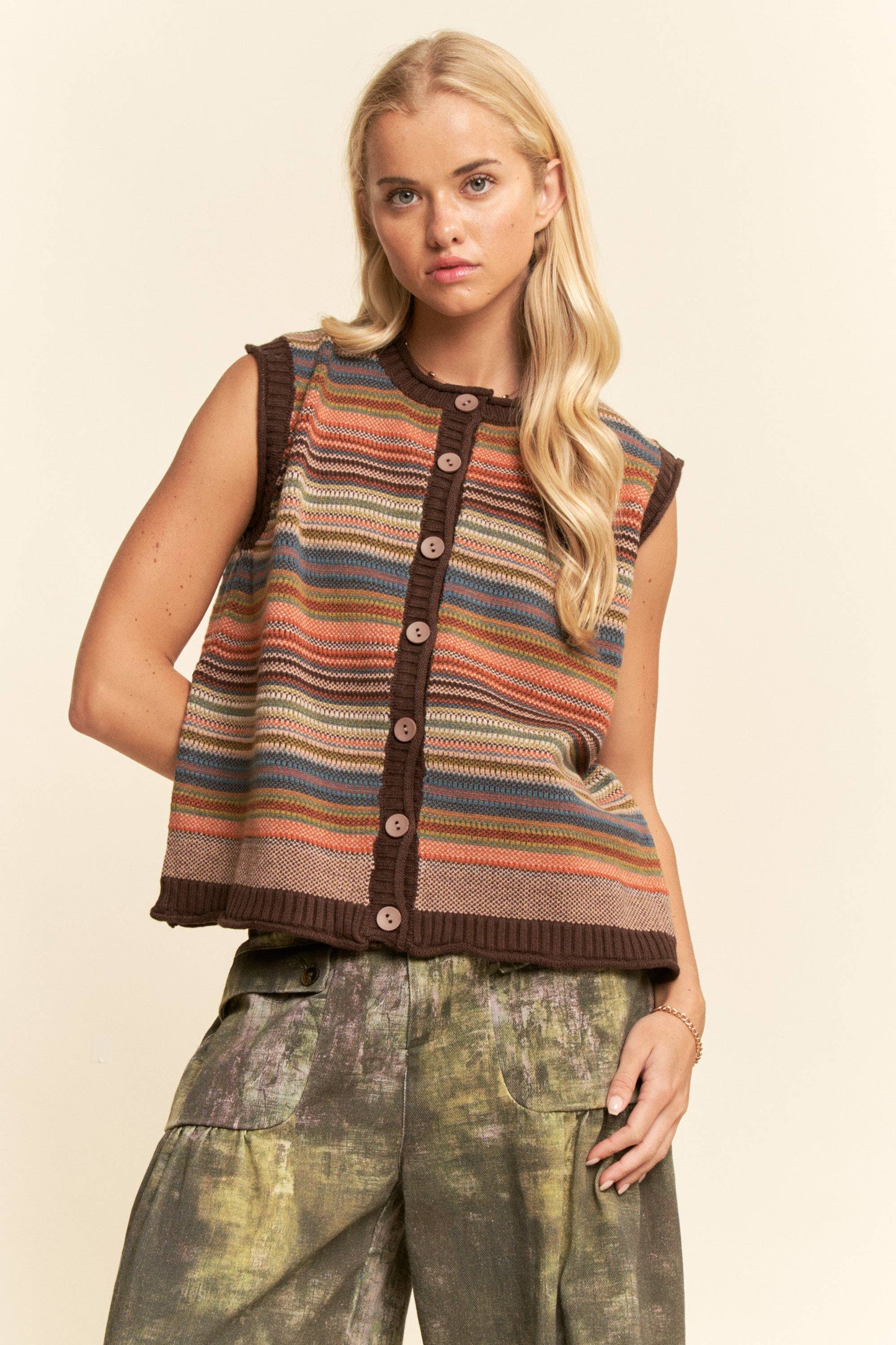 BUTTON-DOWN FRONT MULTICOLOR STRIPES RIBBED TRIM