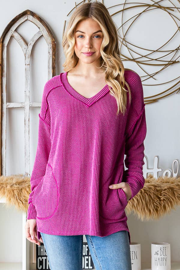 Plus Size Rib V-Neck Drop Shoulder Long Sleeve Top T5240XL