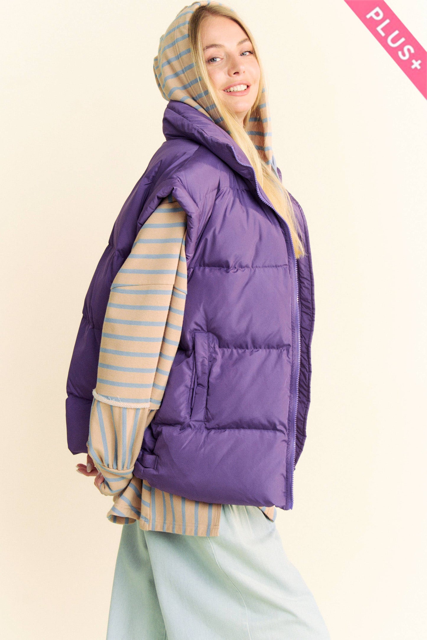 PLUS SOLID SLEEVELESS ZIPPER PUFFER JACKET VEST