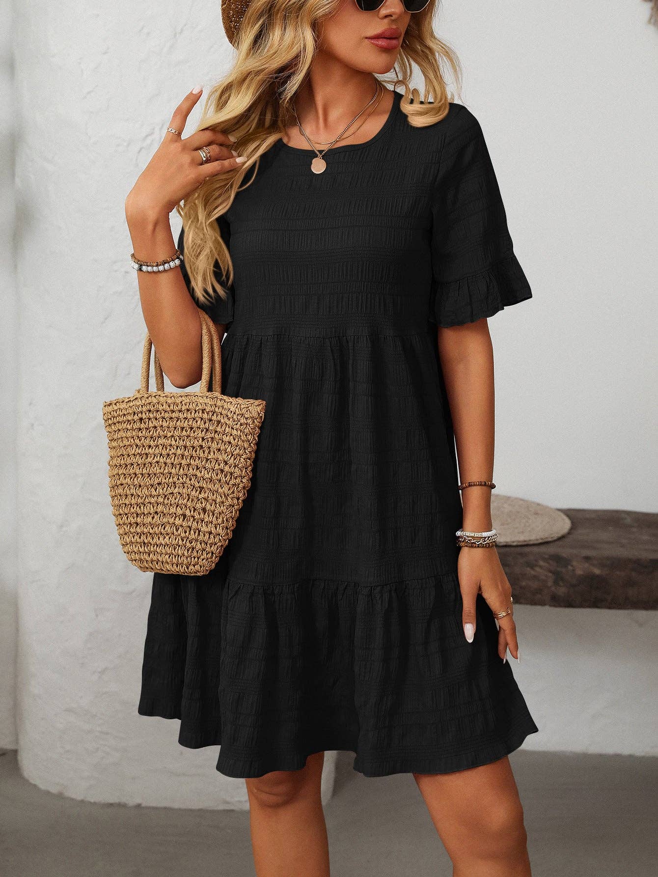 Women Ruffle Sleeve A Line Tiered Flowy Casual Trendy Mini Dress