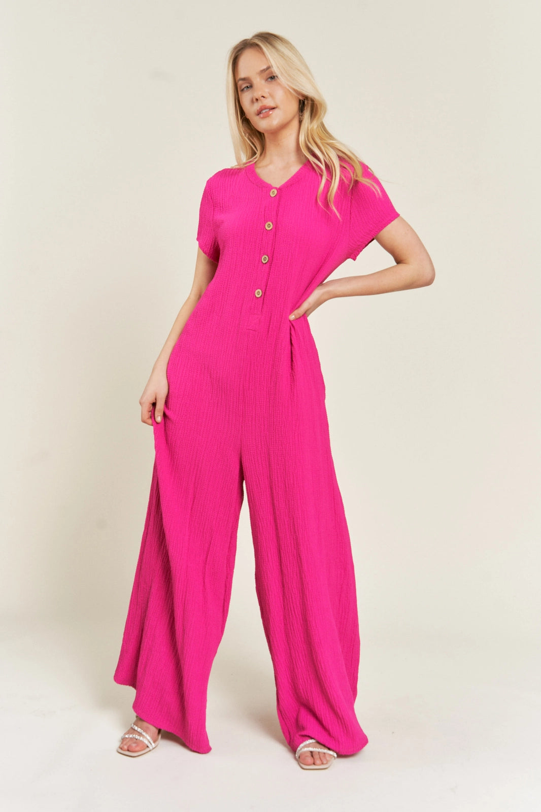Textured Short Sleeve Jumpsuit Curvy