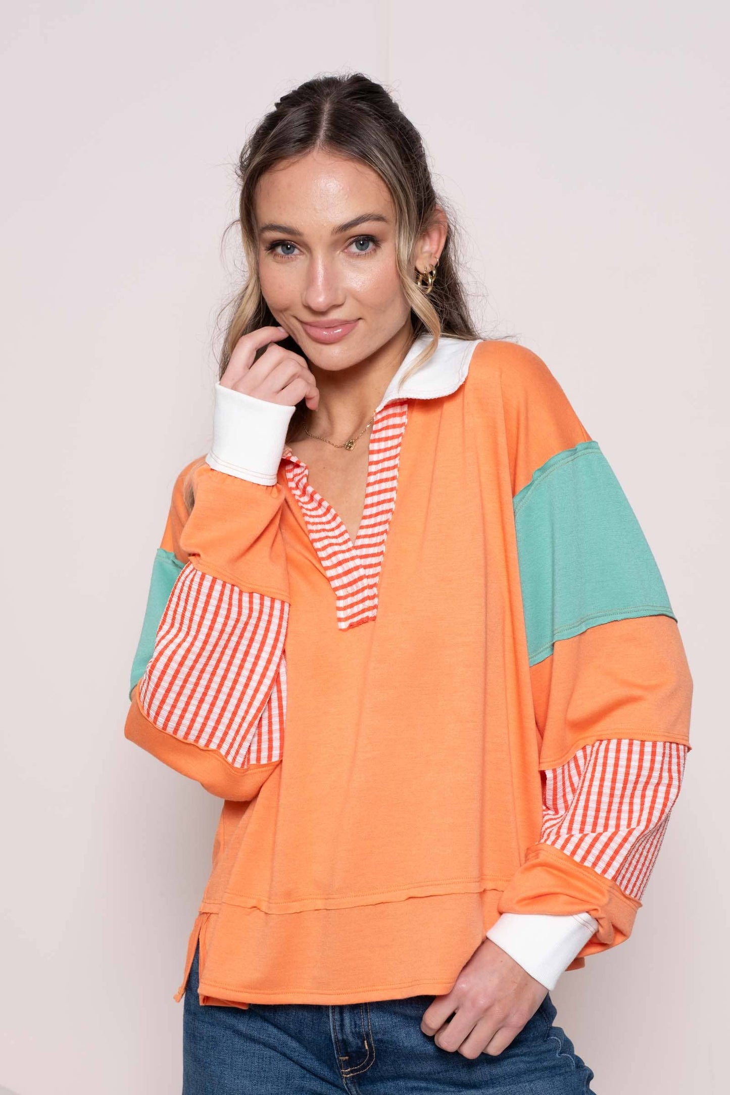 Plus color block collared top with striped panels-PLT11201