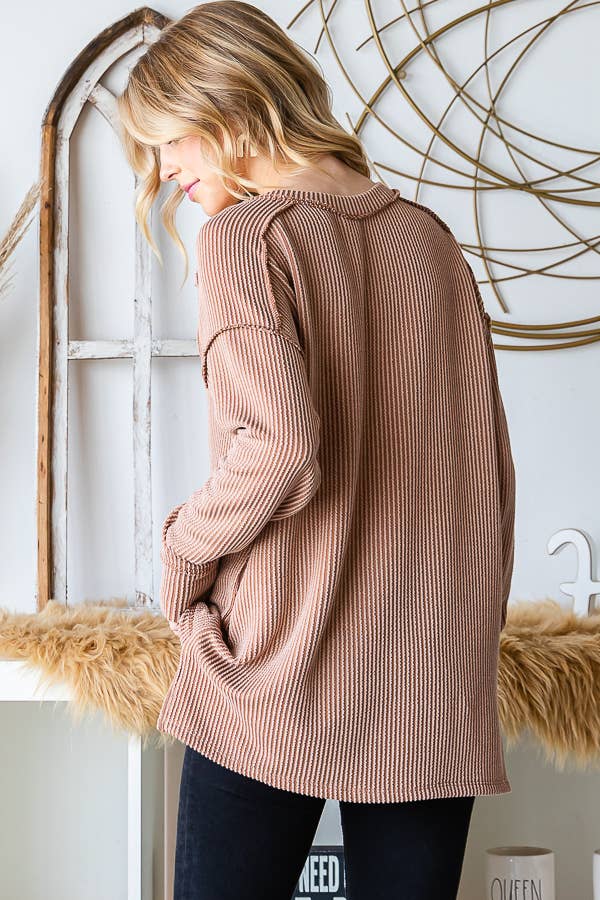 [PLUS SIZE] Rib V-Neck Drop Shoulder Long Sleeve Top T5240XL