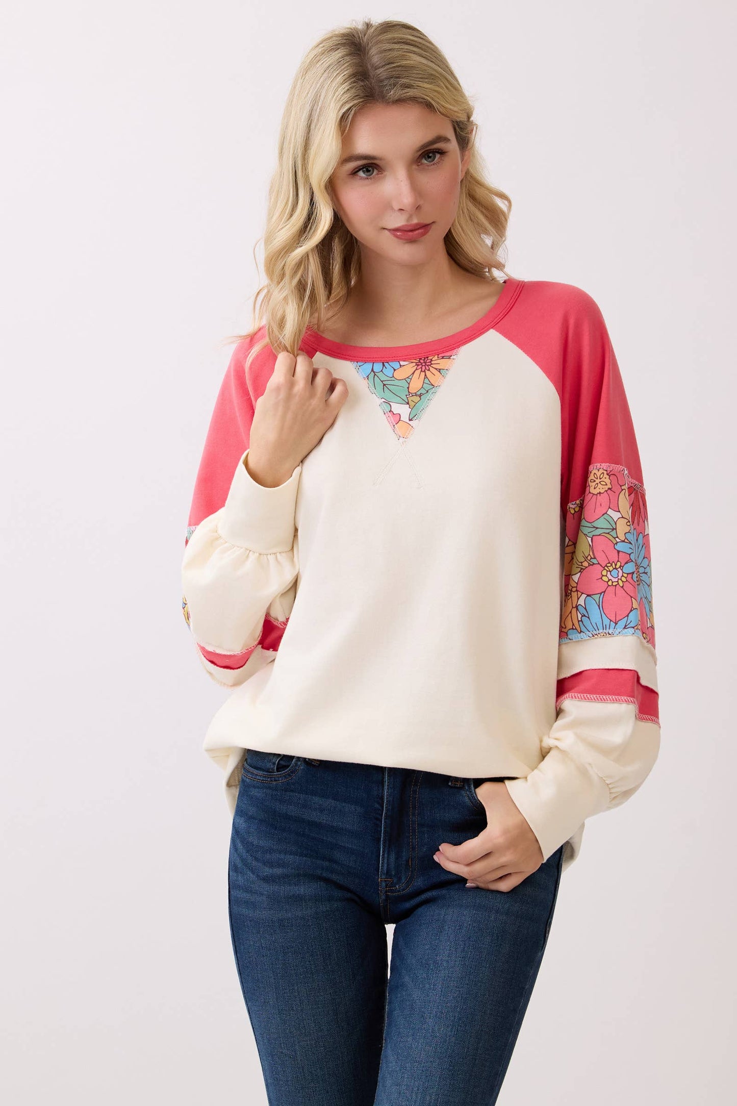 Floral Contrast Color Block Pullover Top Curvy