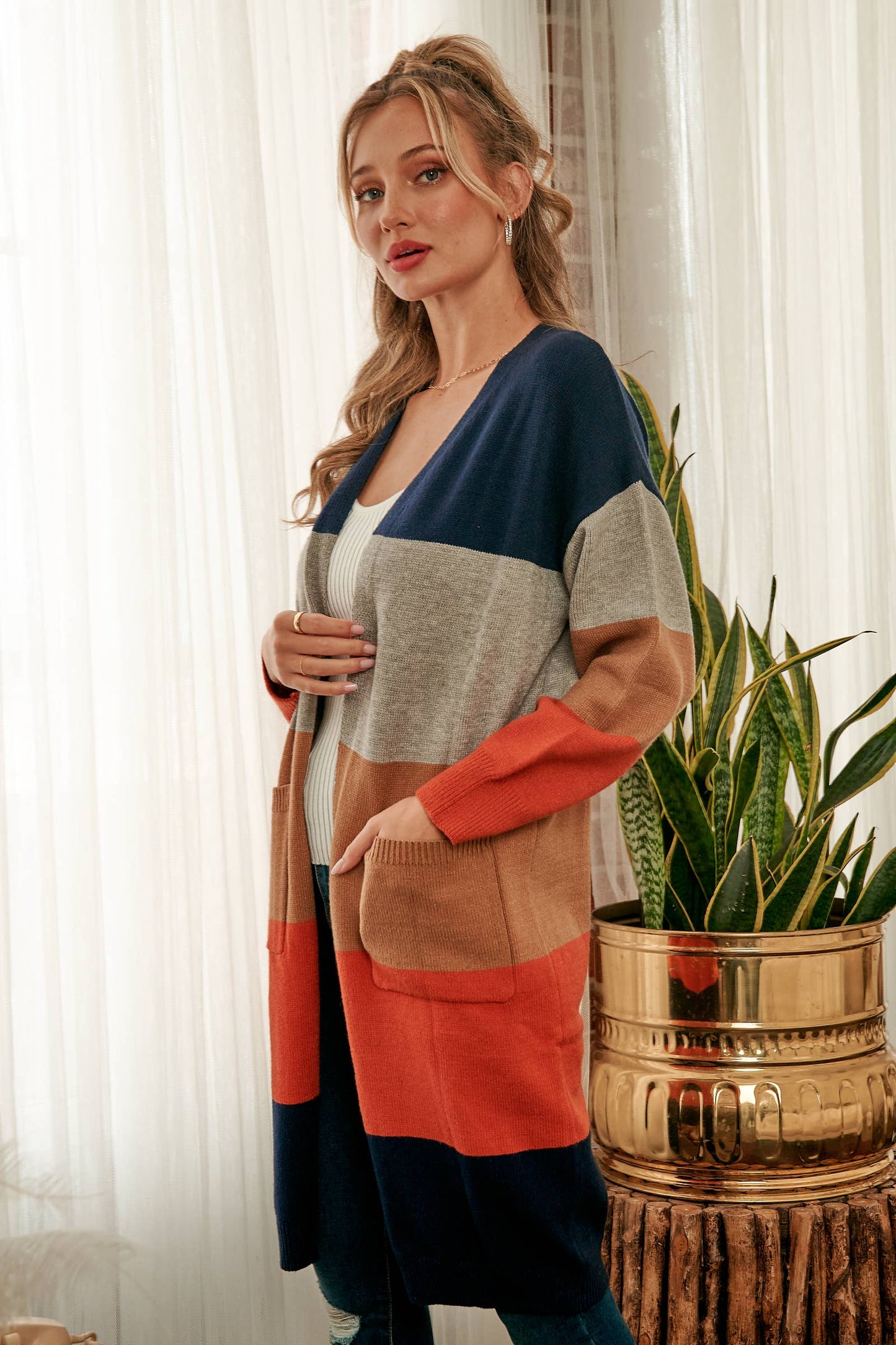 Color-blocked sweater cardigan-SW6058