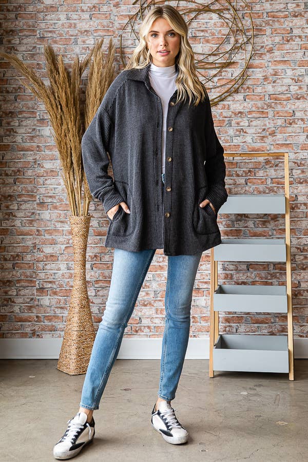 Solid Rib Button Down Side Pockets Long Sleeve Shacket T5256