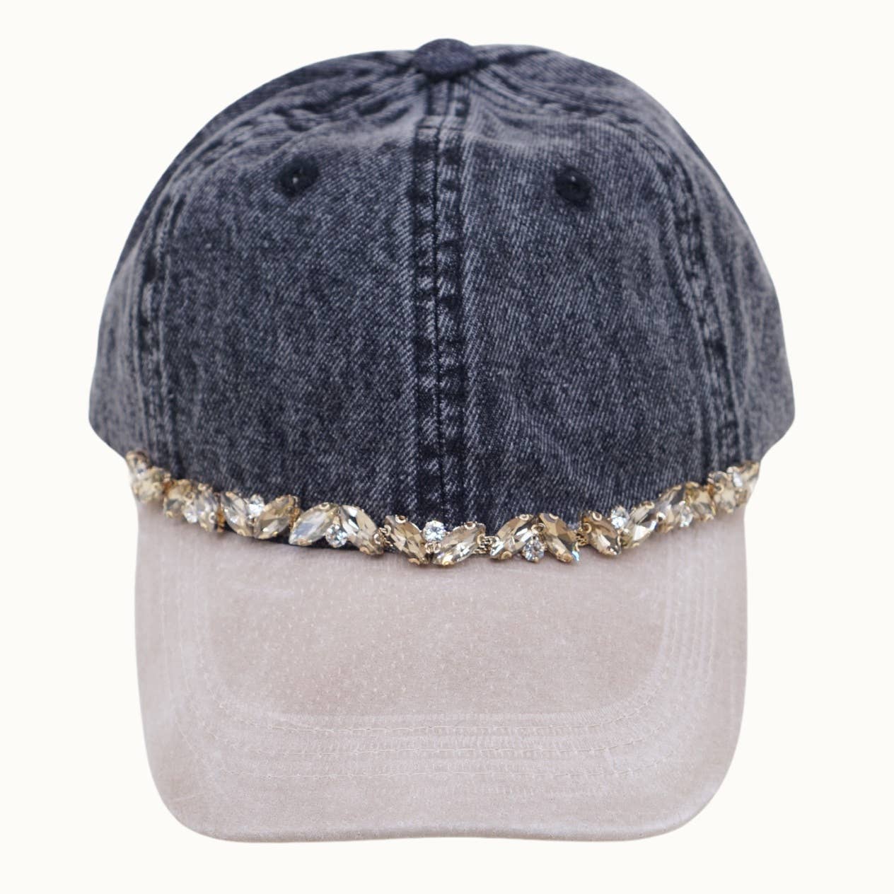 Washed Denim Cap + Suede Leather Brim Bejeweled Glitz 2Tone